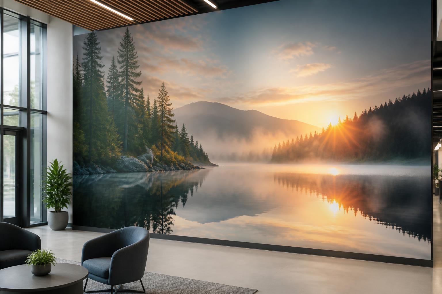 Vollflächige Wandtapete im Großformatdruck in einer modernen Lobby