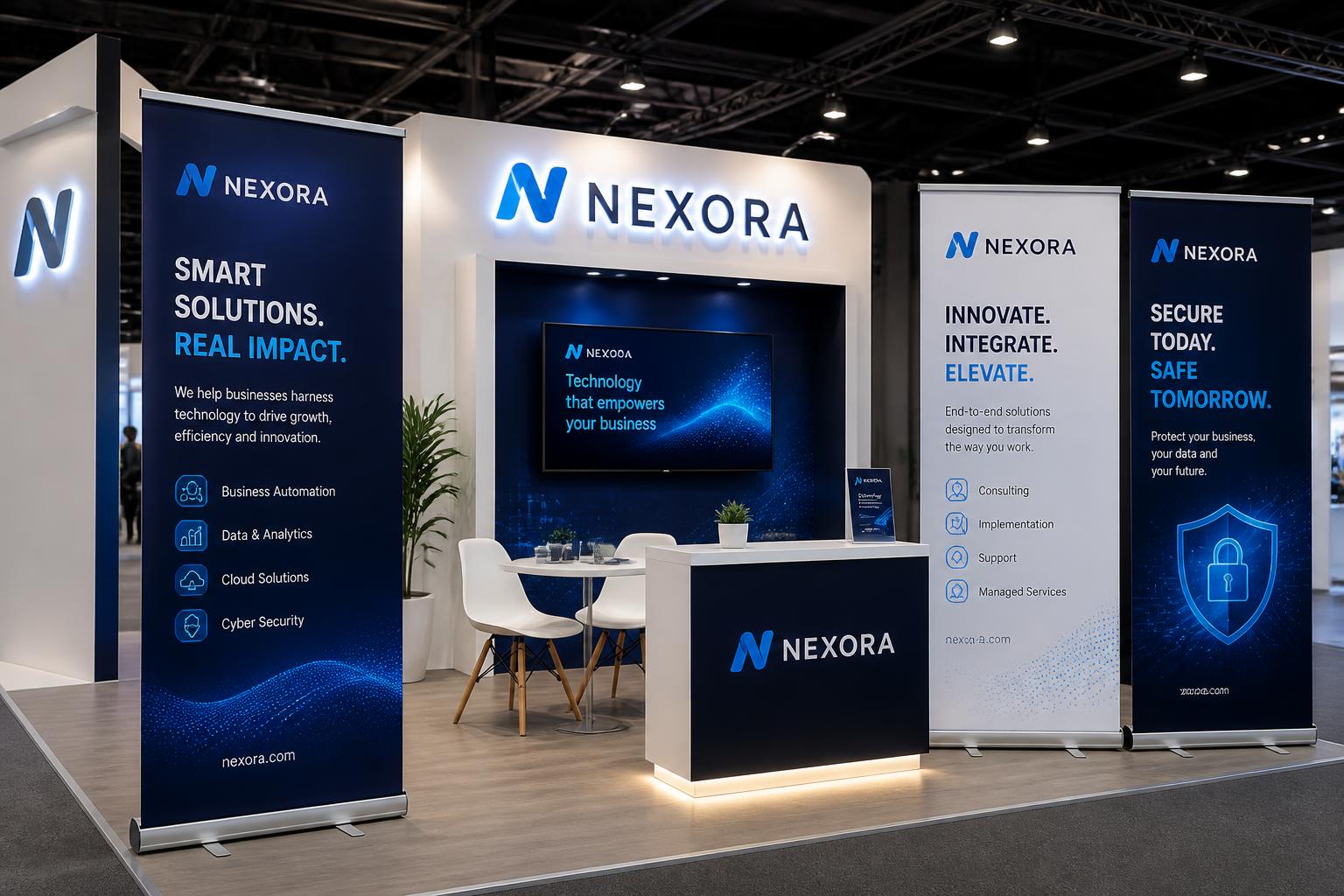 Messestand mit Roll-ups, Pop-up-Wand und Counter aus dem eigenen Großformatdruck