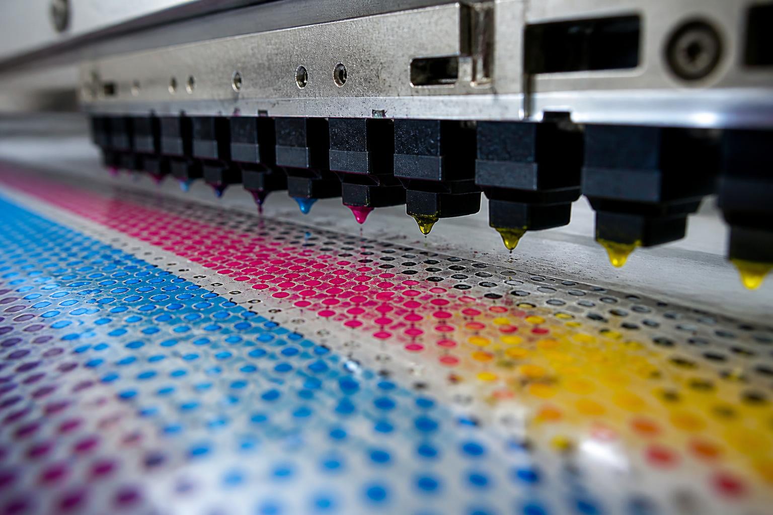 Makroaufnahme eines Druckkopfes beim Auftrag von CMYK-Tinten