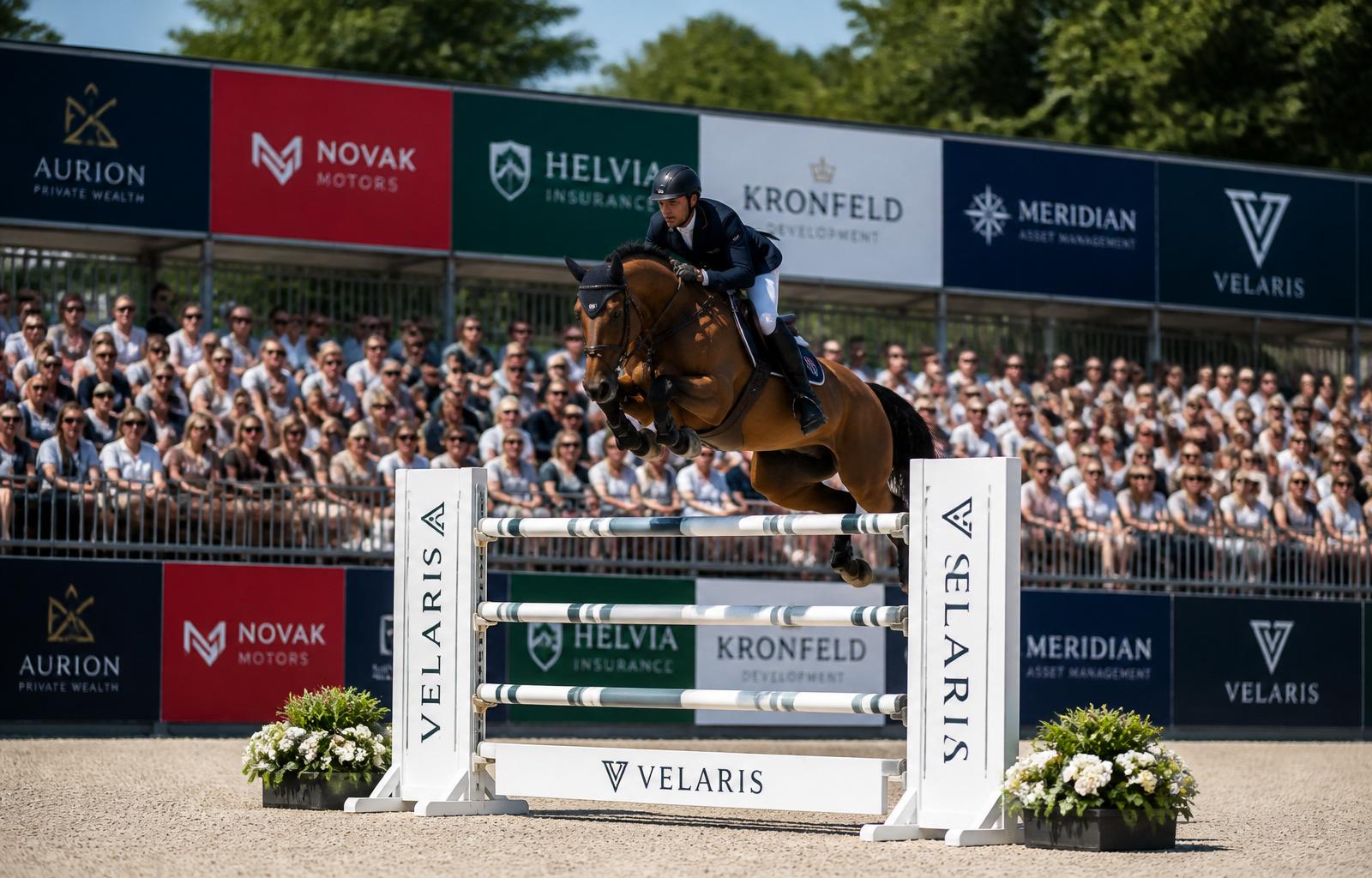 Reitturnier mit Bandenwerbung rund um den Parcours