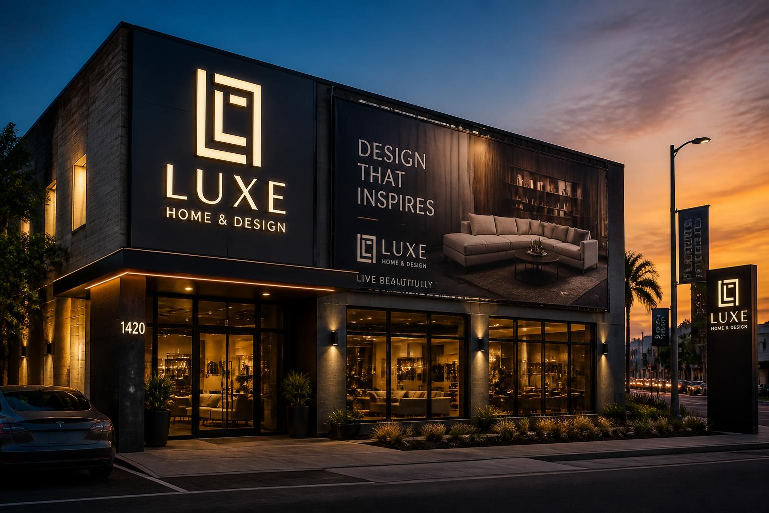 Beleuchteter Premium-Storefront mit Leuchtwerbung und Großformatbanner bei Dämmerung