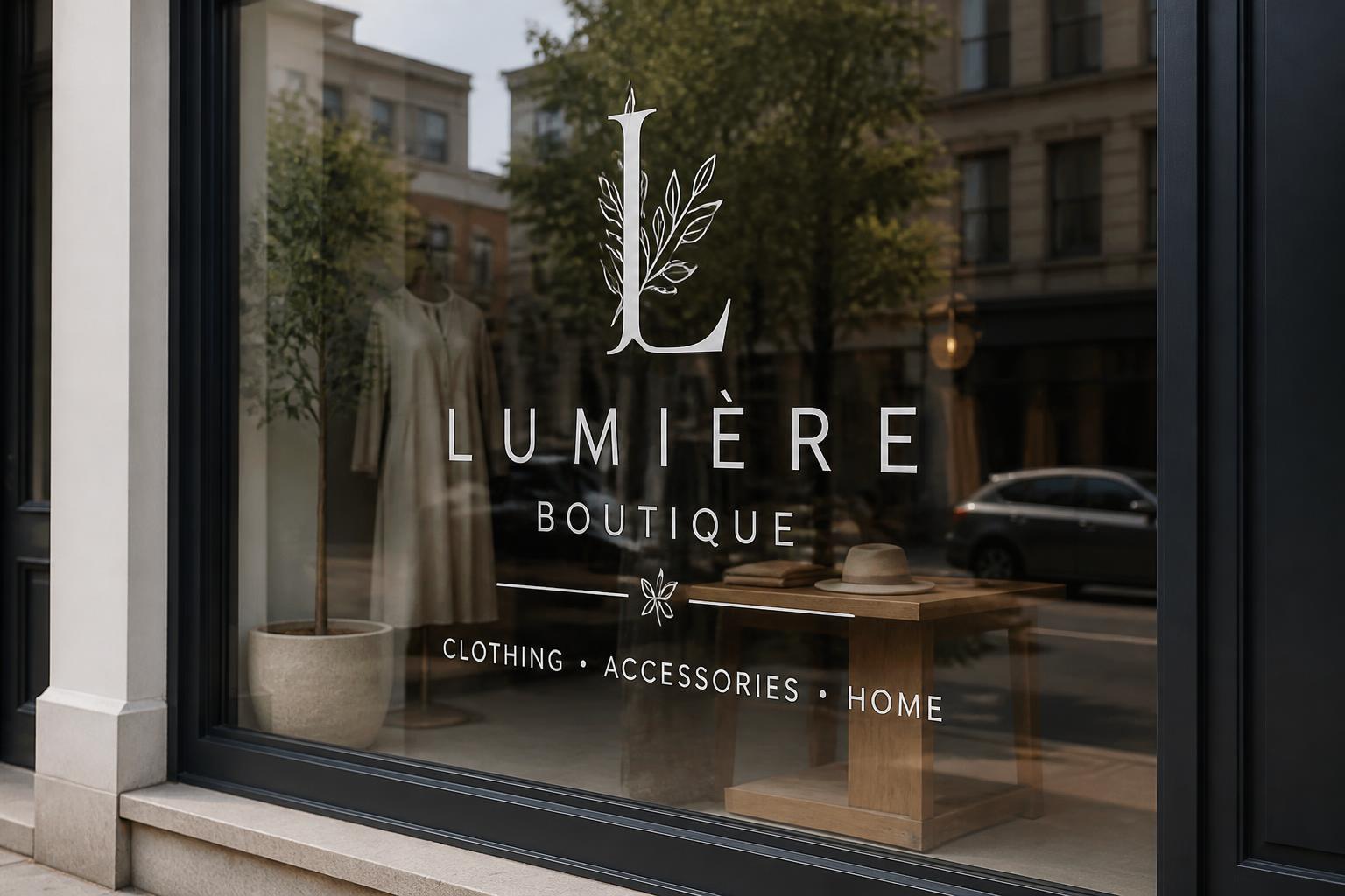 Eleganter Boutique-Schaufenster mit weißer Folienbeschriftung und Logo